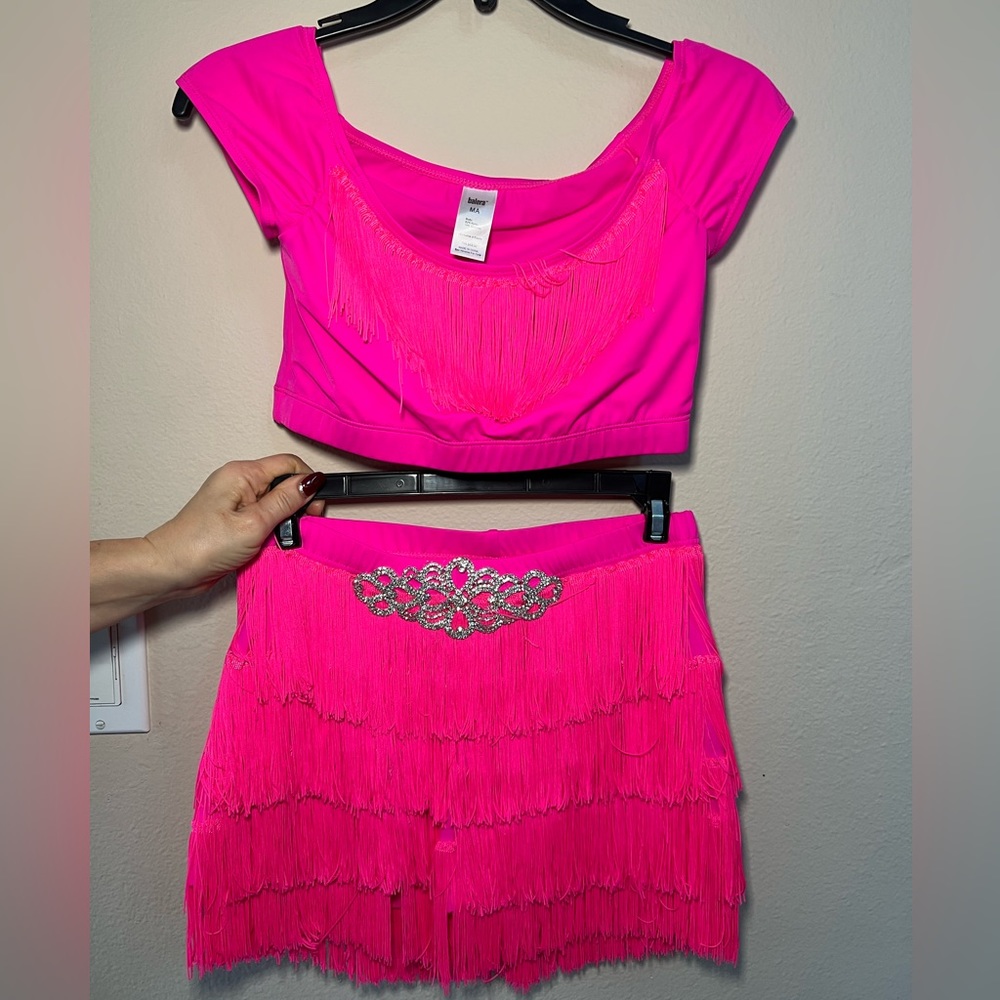 Hot Pink Fringe Dance Outfit Set Top and Shorts